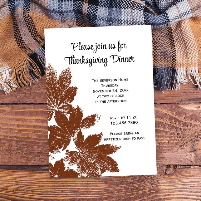 Brown Leaf Stamp Thanksgiving Dinner Invitation (Invite friends to gather and give thanks with this woodsy Thanksgiving dinner invitation.)