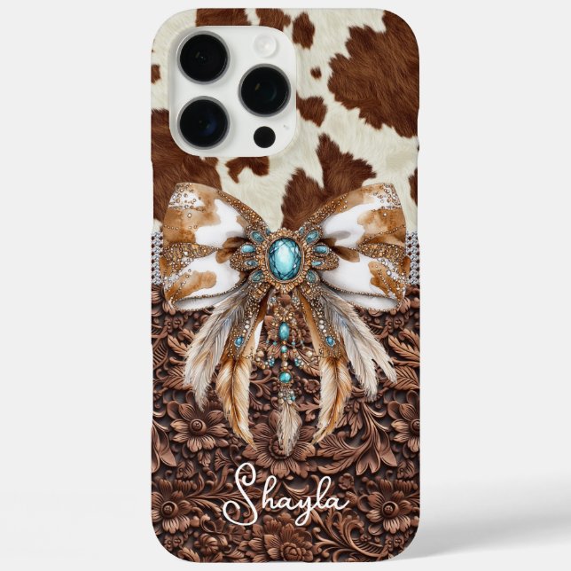 Brown Leather Cowhide Jewelled Bow Monogrammed Case-Mate iPhone Case (Back)