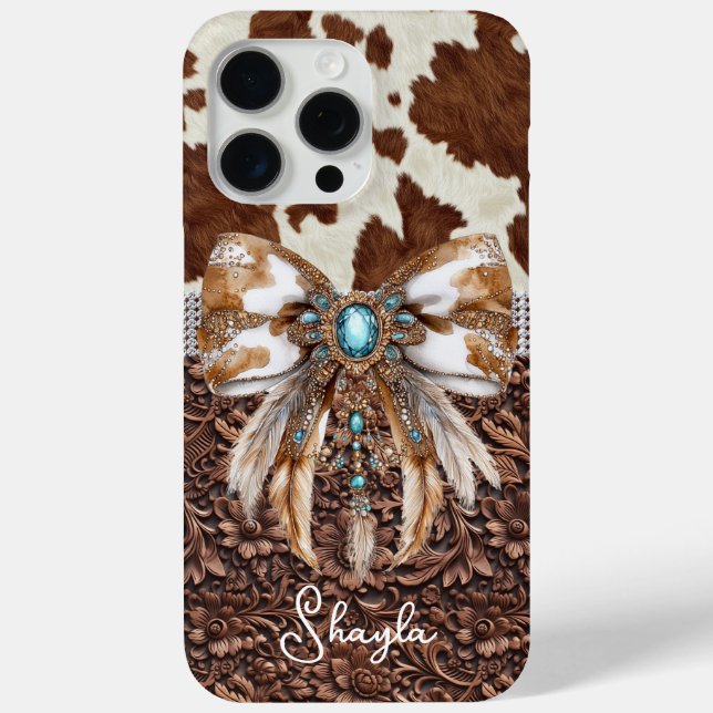 Brown Leather Cowhide Jewelled Bow Monogrammed Case-Mate iPhone Case (Back)