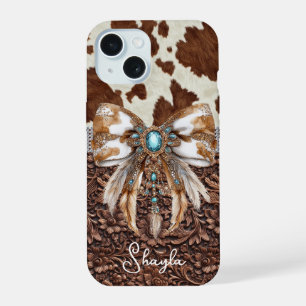 Brown Leather Cowhide Jewelled Bow Monogrammed iPhone 15 Case