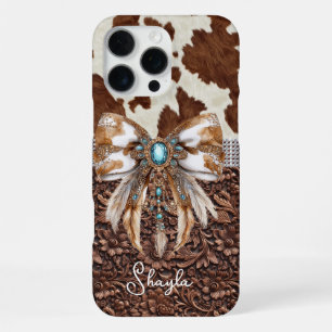 Brown Leather Cowhide Jewelled Bow Monogrammed iPhone 16 Pro Max Case