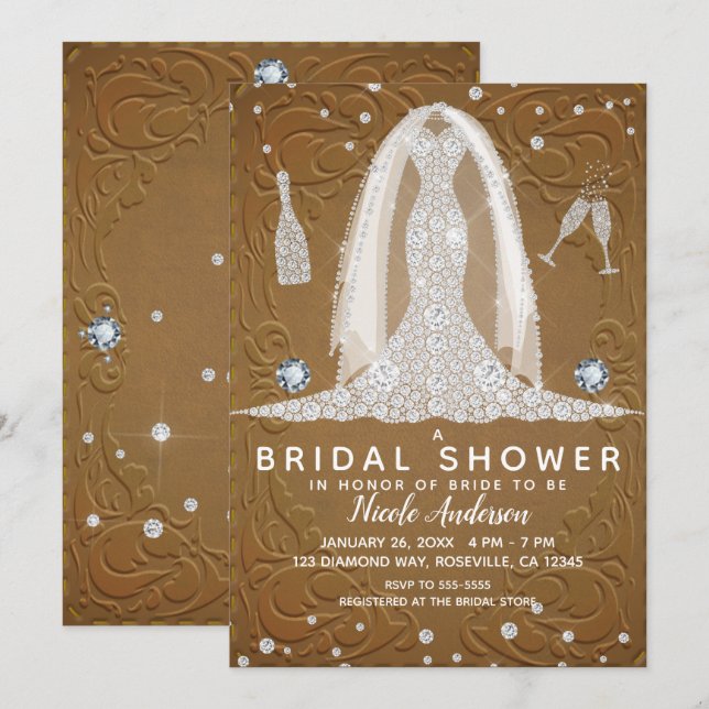 Brown Leather Diamond Wedding Dress Bridal Shower Invitation (Front/Back)