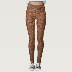 Brown Leather Faux Texture Pattern Yoga Pants