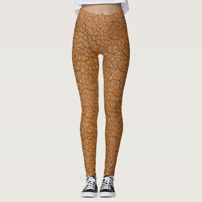 Brown Leather Faux Texture Pattern Yoga Pants  (Front)