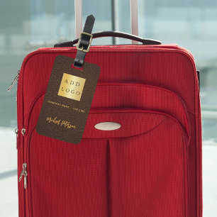 Brown leather gold business company logo name luggage tag
