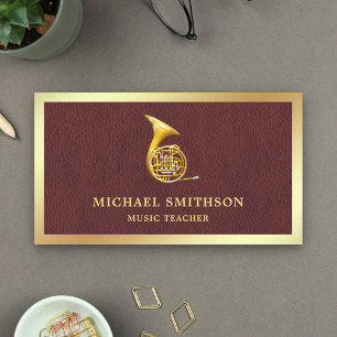 Brown Leather Gold Foil French Horn Music Teacher Business Card