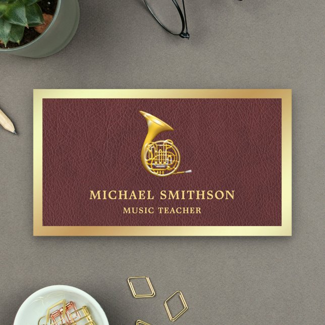 Brown Leather Gold Foil French Horn Music Teacher Business Card (Creator Uploaded)