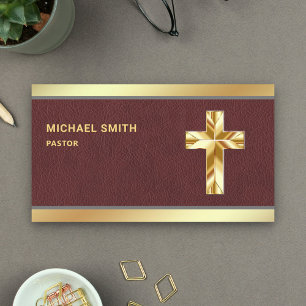 Brown Leather Gold Foil Jesus Christ Cross Pastor Business Card