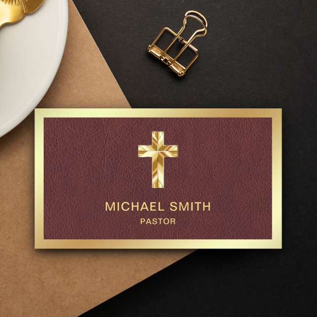 Brown Leather Gold Foil Jesus Christ Cross Pastor Business Card (Creator Uploaded)