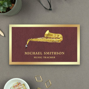 Brown Leather Gold Foil Saxophone Music Teacher Business Card