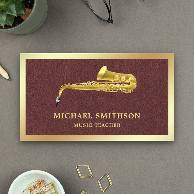 Brown Leather Gold Foil Saxophone Music Teacher Business Card (Creator Uploaded)