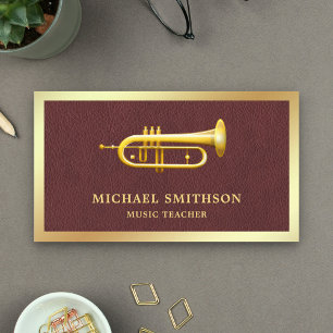 Brown Leather Gold Foil Trumpet Music Teacher Business Card