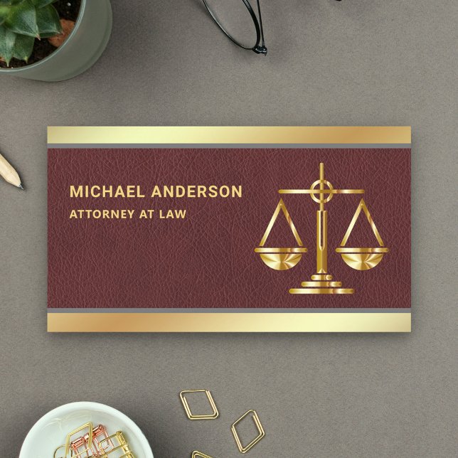 Brown Leather Gold Justice Scale Lawyer Attorney Business Card (Creator Uploaded)
