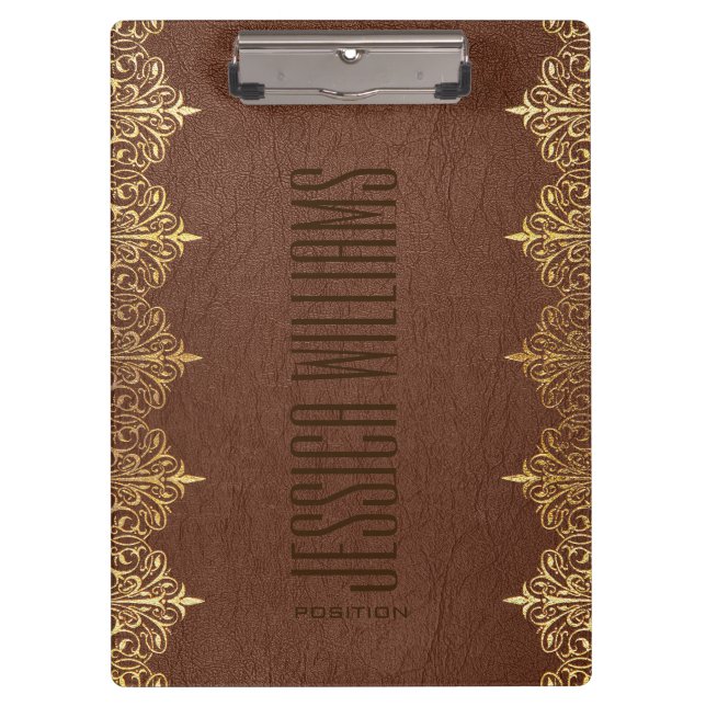 Brown Leather & Gold Lace Print Clipboard (Front)