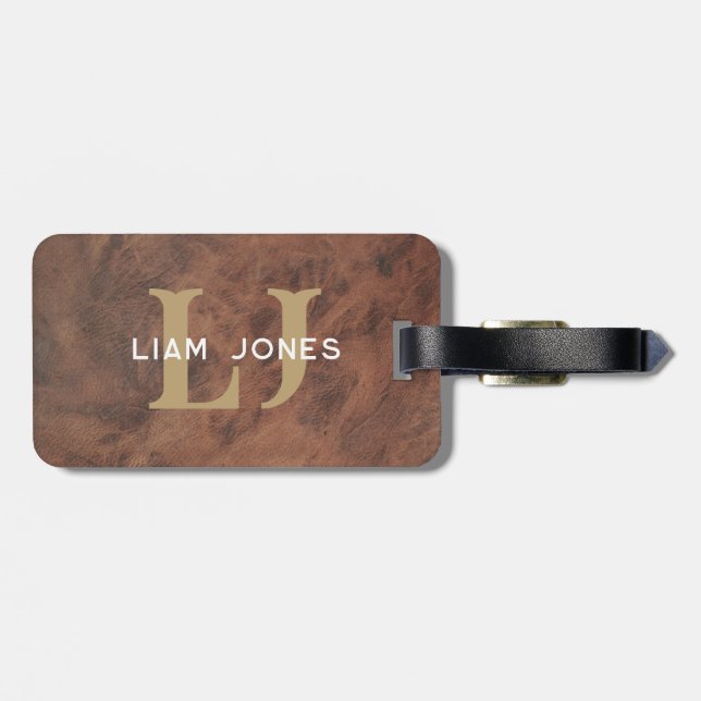 Brown Leather Initials Monogrammed Modern Vintage Luggage Tag (Back Horizontal)
