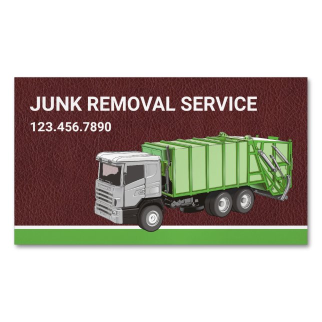Brown Leather Junk Removal Service Garbage Truck Magnetic Business Card (Front)