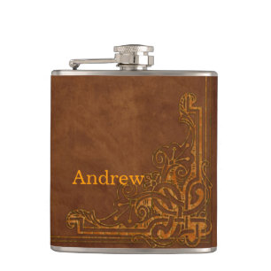 Brown Leather-like Graphic Embossed Monogram Hip Flask