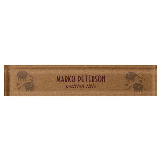 Brown Leather Look Elephant Illustration Nameplate (Front)