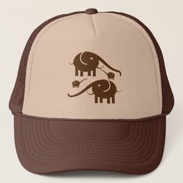 Brown Leather Look Elephant Illustration Trucker Hat (Front)