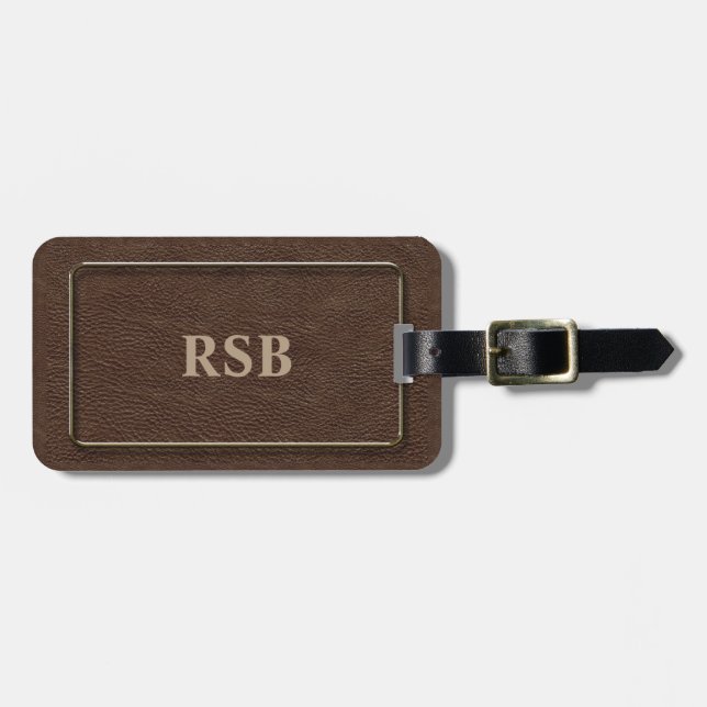 Brown Leather Look with Gold Frame Luggage Tag (Front Horizontal)
