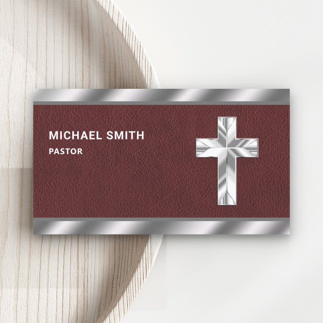 Brown Leather Metallic Jesus Christ Cross Pastor Business Card (Creator Uploaded)