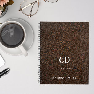 Brown leather monogram initials 2025 planner