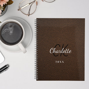 Brown leather monogram initials name 2024 planner