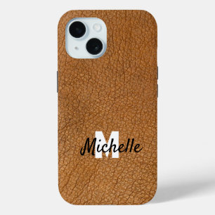 Brown leather personalised name monogram iPhone 15 case
