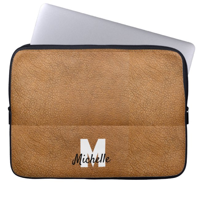 Brown leather personalised name monogram  laptop sleeve (Front)