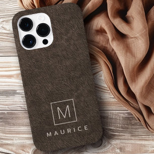 Brown leather print monogram initial custom name Case-Mate iPhone 14 pro max case