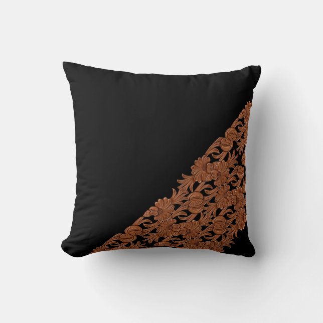 Brown Leather Print On Black Throw Pillow (Front)
