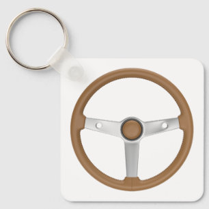 Brown leather retro sports car steering wheel key ring