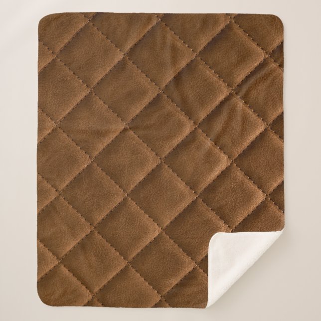 Brown leather, rhombus pattern drawing sherpa blanket (Front)