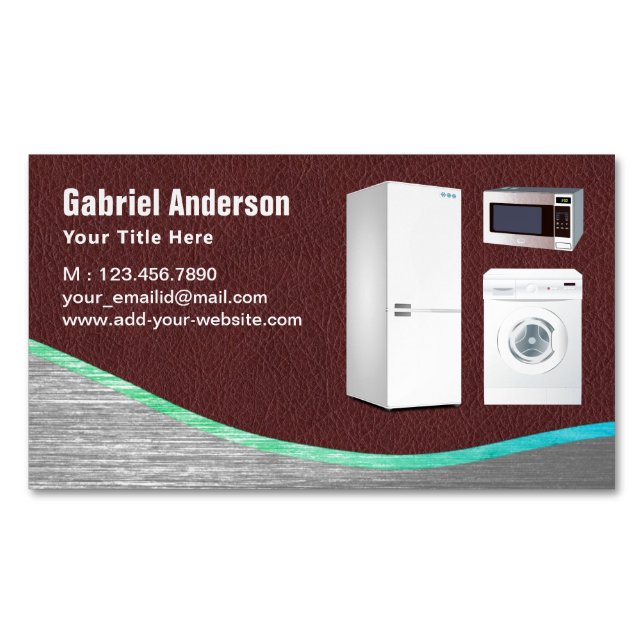 Brown Leather Steel Home Appliances Repair Magnetic Business Card (Front)
