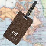 Brown leather texture monogram luggage tag<br><div class="desc">Brown faux leather print as background. Personalise and add your monogram letters and full name on the front. Your contact information on the back.</div>