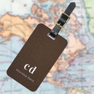 Brown leather texture monogram luggage tag