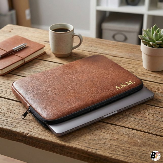 Brown Leather Texture Monogram Personalised Laptop Sleeve (Creator Uploaded)