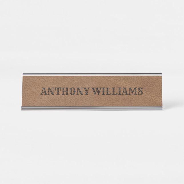 Brown Leather Texture Monogrammed Name Desk Name Plate (Front)