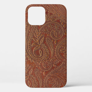 Brown leather, tooled floral pattern. iPhone 12 case