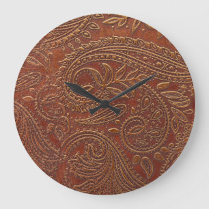 Brown leather, tooled floral pattern. large clock