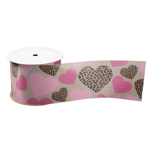 Brown Leopard and Pink Hearts Satin Ribbon (Spool)