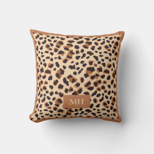 Brown Leopard Pattern Modern Initials Monogram Cushion