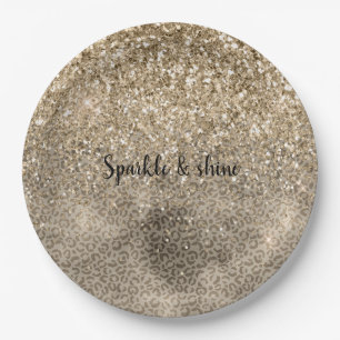 Brown Leopard Print Gold Glitter sparkle Paper Plate