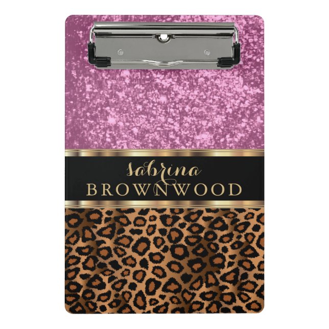 Brown Leopard Skin Pattern and Pink Glitter Mini Clipboard (Front)