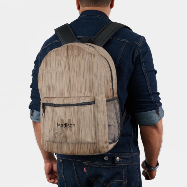 Brown light bamboo wood print custom Monogram Printed Backpack (Insitu (Model))