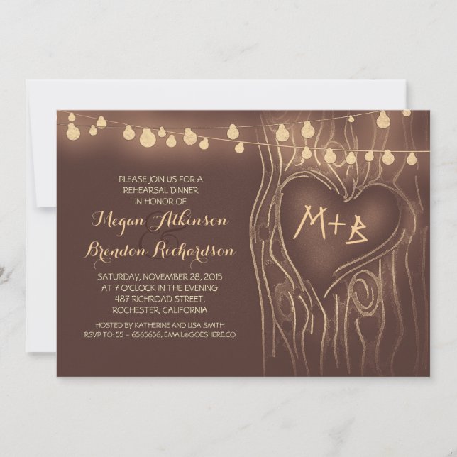 brown lights tree romantic rehearsal dinner invitation (Front)