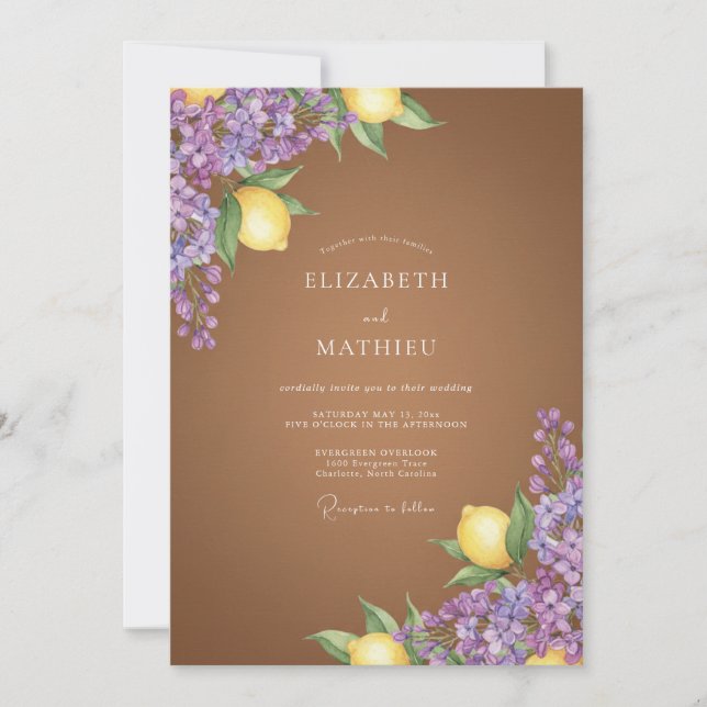 Brown Lilac Lemon Blossom Wedding Invitation (Front)