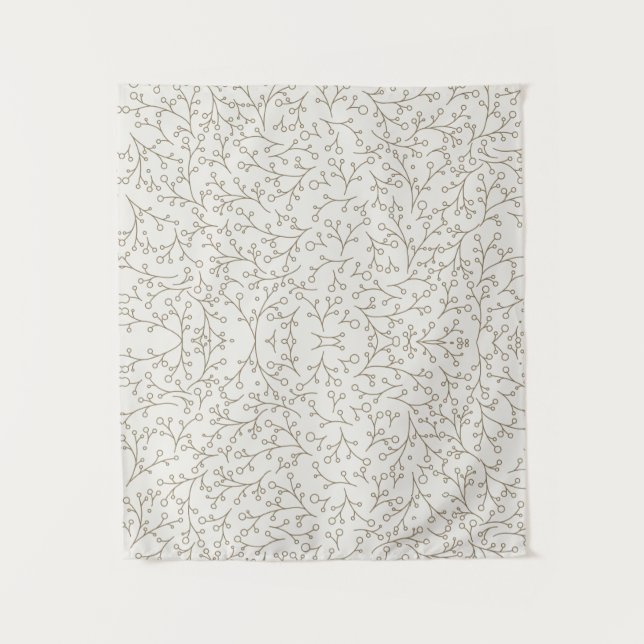 Brown Line Art Botanical Berry Vine Pattern on Cre Tapestry (Front)