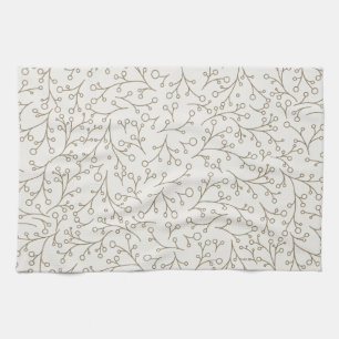 Brown Line Art Botanical Berry Vine Pattern on Cre Tea Towel