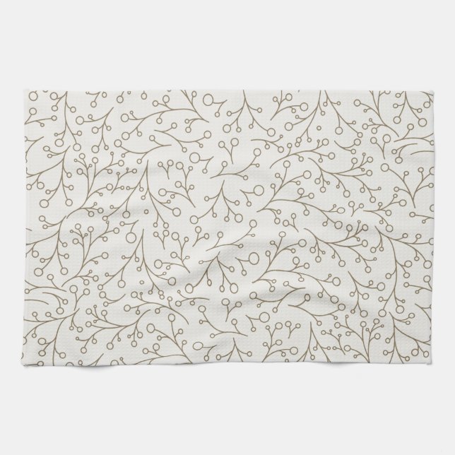 Brown Line Art Botanical Berry Vine Pattern on Cre Tea Towel (Horizontal)